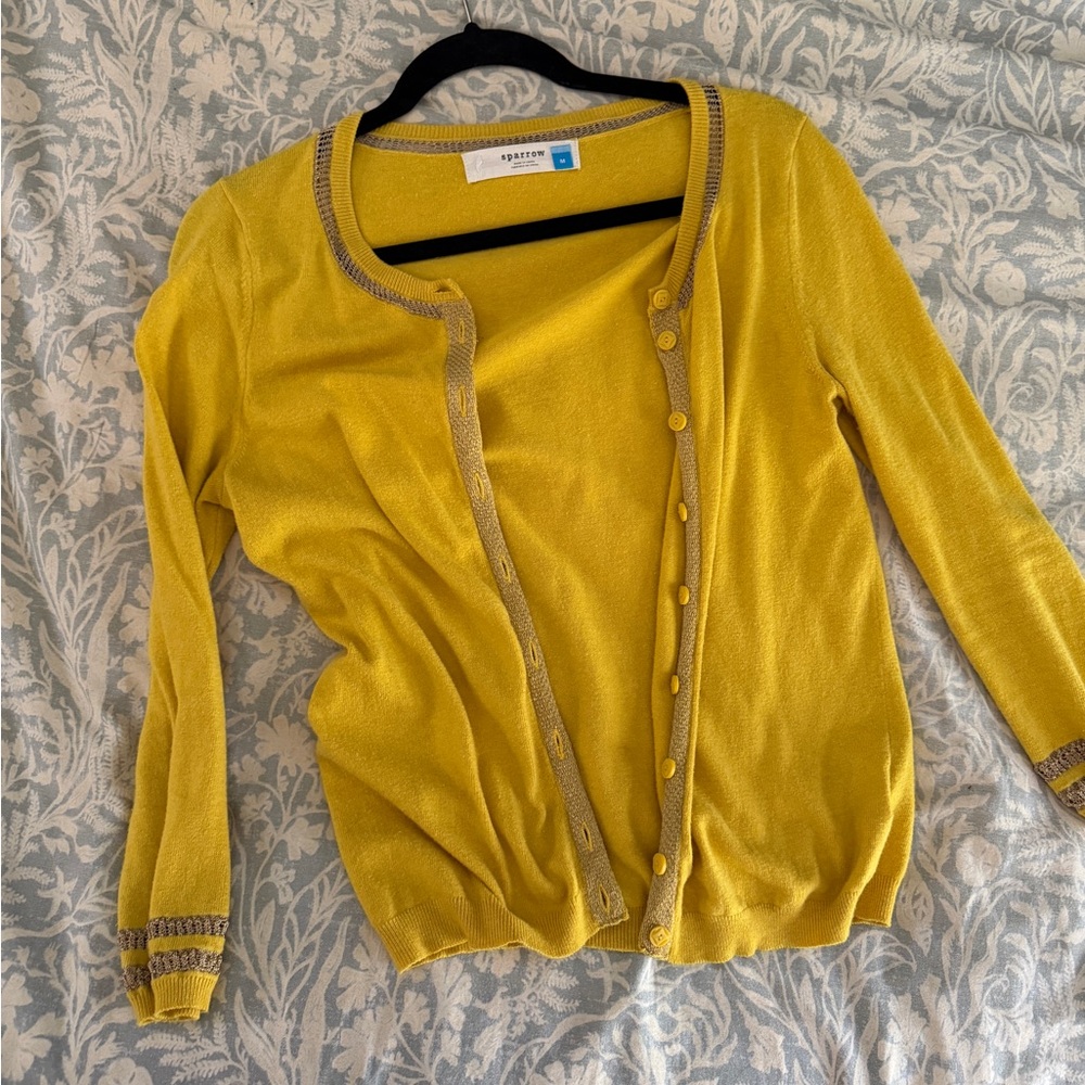 Sparrow Women's Mustard Yellow Button-Front Cardigan Sweater with gold detail